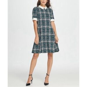 DKNY Contrast Collar Tweed A-Line Fit Flare Dress - Green